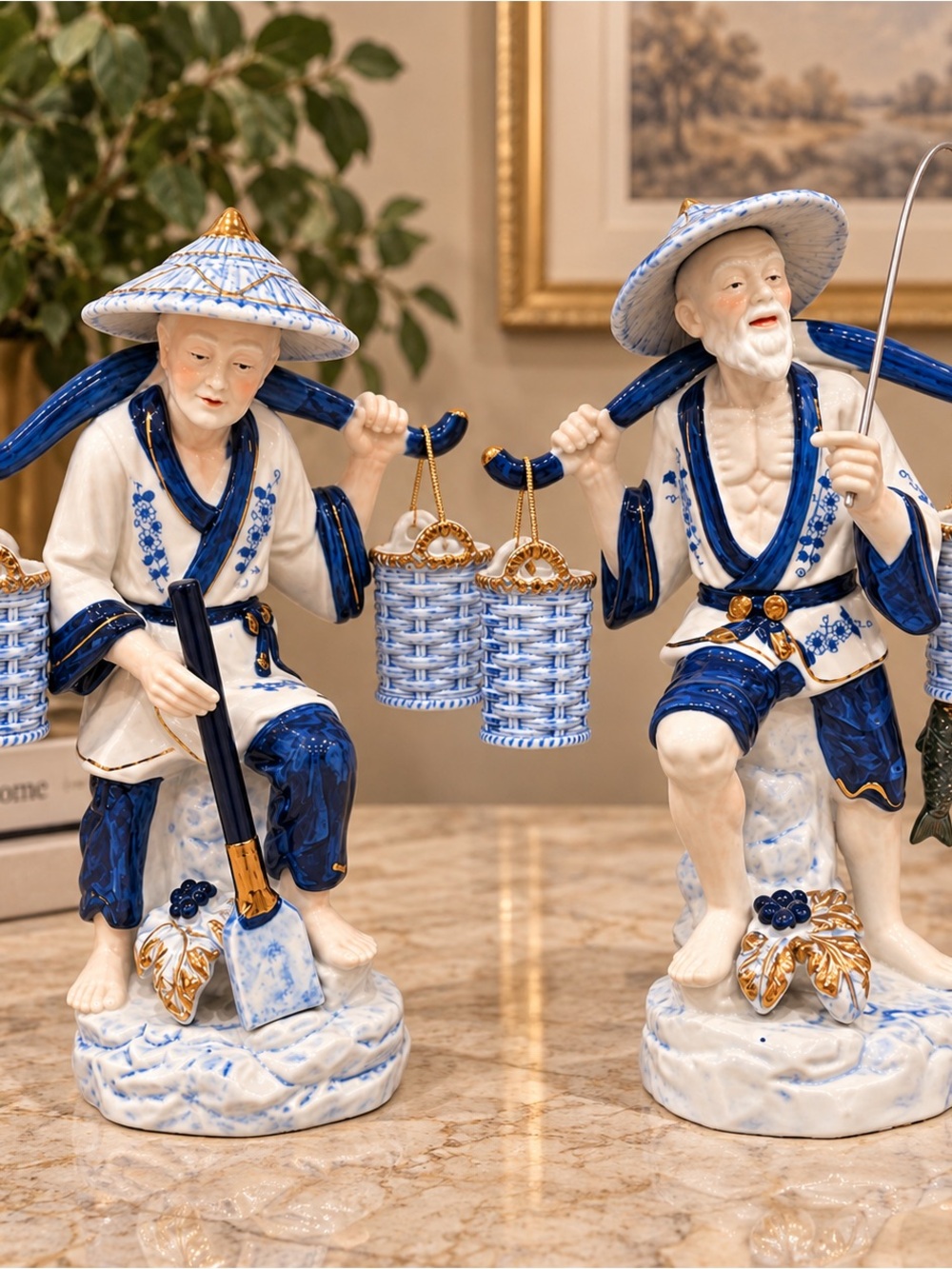 Vintage Taiwan Blue White Porcelain Chinoiserie Fishermen Figurines Gold Accent